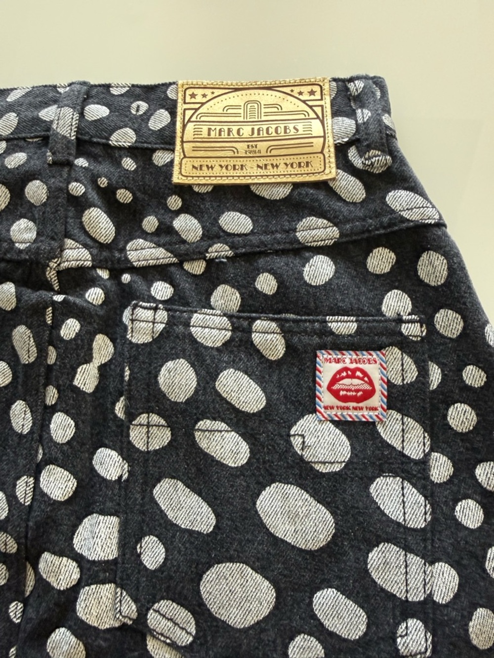 Marc Jacobs Black and White Polka Dot Denim Skirt with Leather Logo Patch - Picture 6 of 11